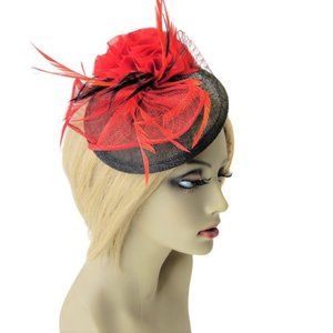 Red and Black Fascinator on Oval Base Sinamay Floral Accent with Feathers